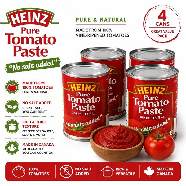 4 HEINZ NO SALT ADDED TOMATO PASTE 369ML BB 01/27