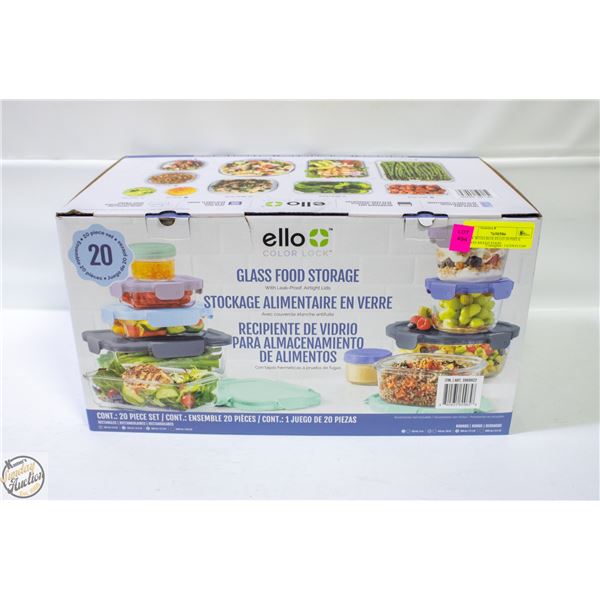 NEW WITH BOX ELLO 20 PIECE GLASS MIXED FOOD
