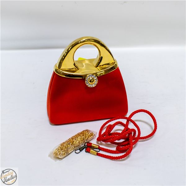 VINTAGE RED SATIN EVENING BAG RHINESTONE ACCENT