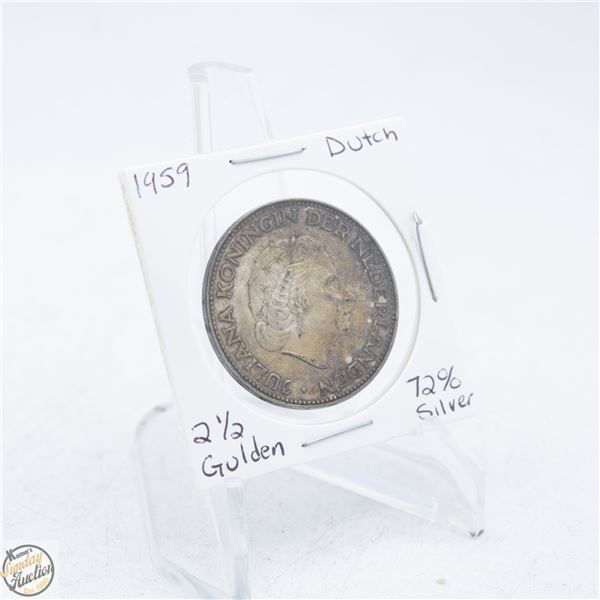 1959 NETHERLANDS 2-1/2 GULDEN 72%  SILVER COIN