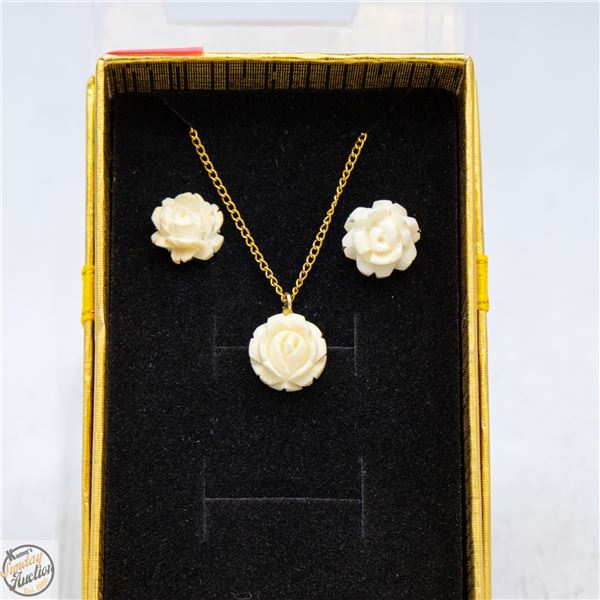 VINTAGE GOLD FILLED ROSE FLOWER NECKLACE & EARRING
