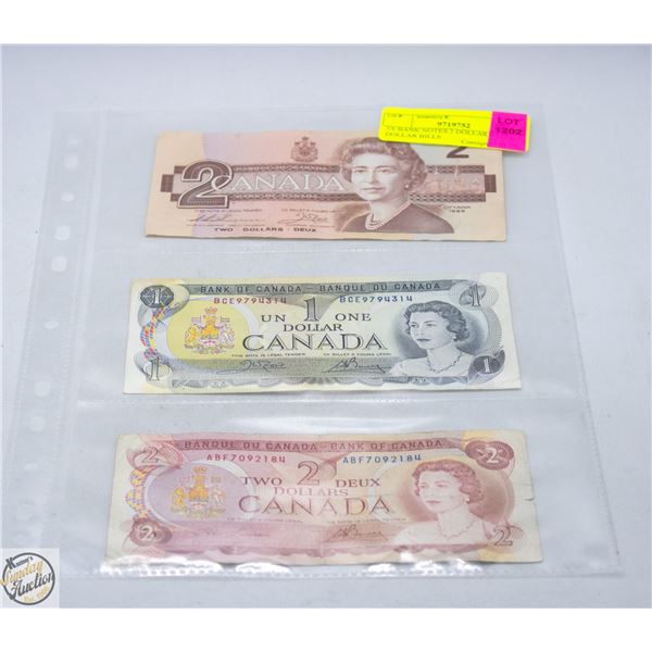 3X BANK NOTES 2 DOLLAR AND 1 DOLLAR BILLS