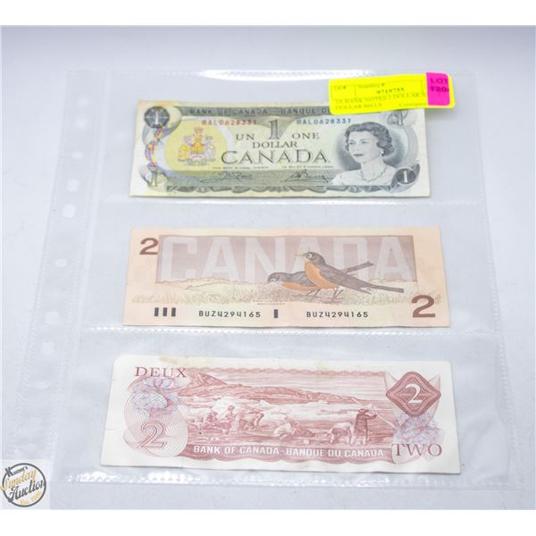 3X BANK NOTES 2 DOLLAR AND 1 DOLLAR BILLS