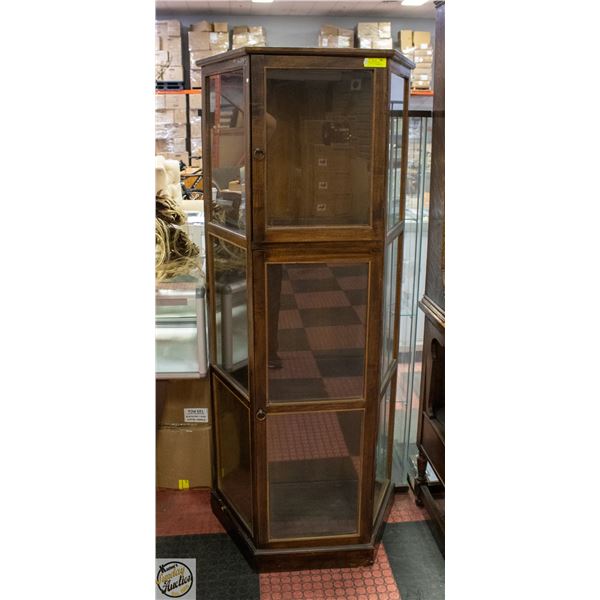 ANTIQUE HALF HEXAGONAL DISPLAY CABINET WITH BRASS