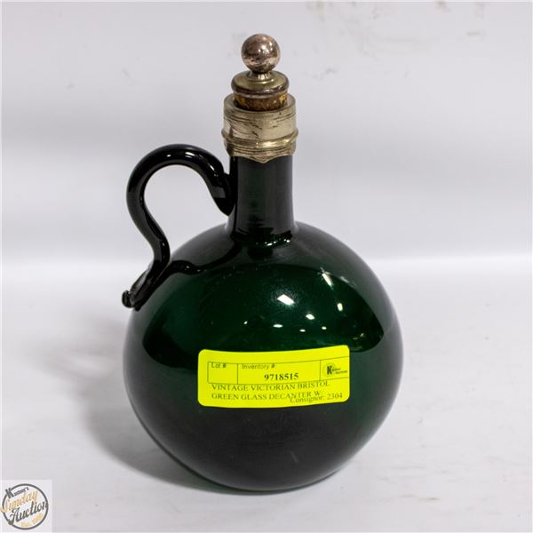 VINTAGE VICTORIAN BRISTOL GREEN GLASS DECANTER W/