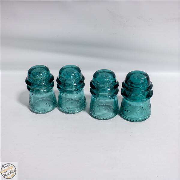 4 VINTAGE AQUA-COLORED GLASS INSULATOR.