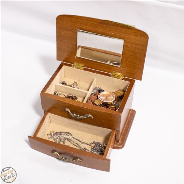 WOODEN JEWELRY BOX AND CONTENTS