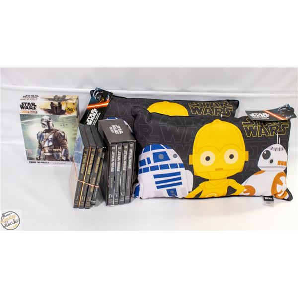 7 STAR WARS DVDS, 2 NEW PILLOWS,