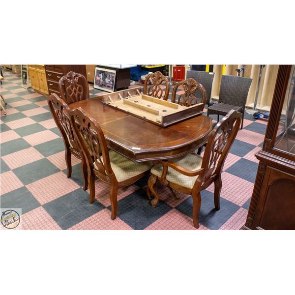 WOOD DOUBLE PEDESTAL DINNING TABLE W/ 6 CHAIRS