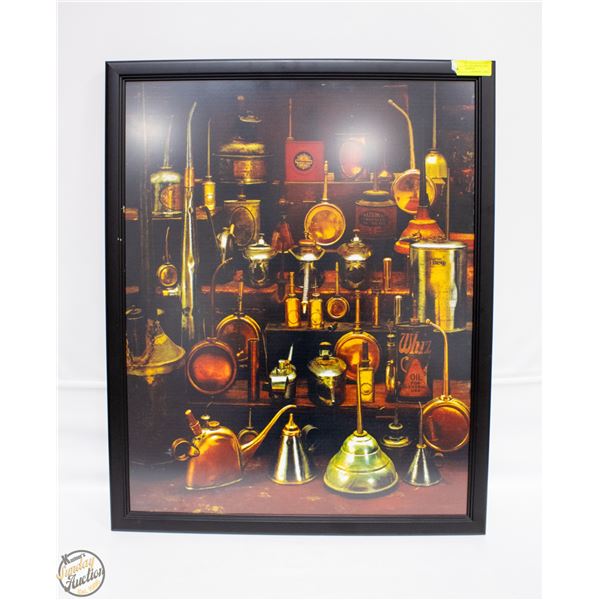 26X32 FRAMED OIL CAN COLLECTION WALL ART