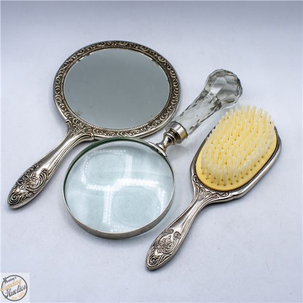 VINTAGE HAND MIRROR, BRUSH AND