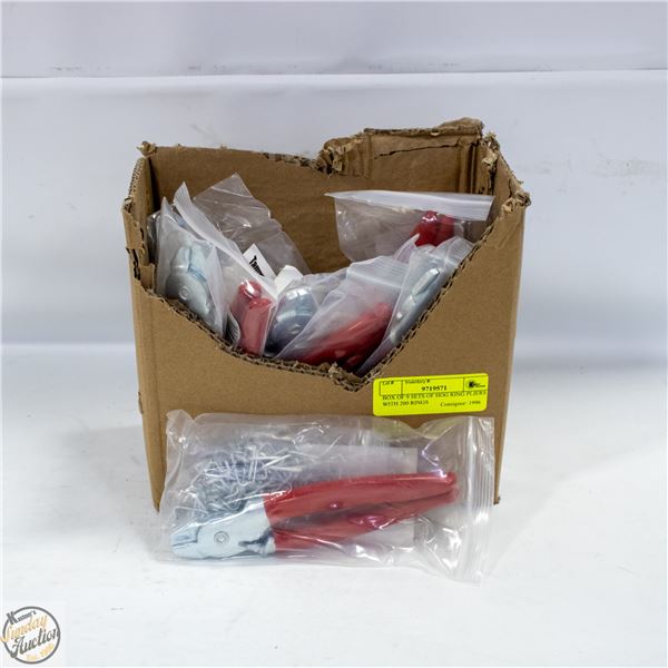 BOX OF 9 SETS OF HOG RING PLIERS WITH 200 RINGS
