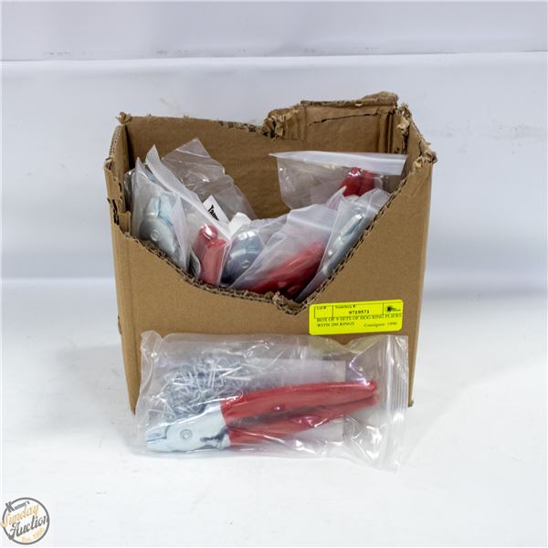 BOX OF 9 SETS OF HOG RING PLIERS WITH 200 RINGS
