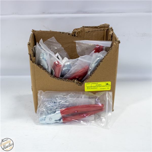 BOX OF 9 SETS OF HOG RING PLIERS WITH 200 RINGS