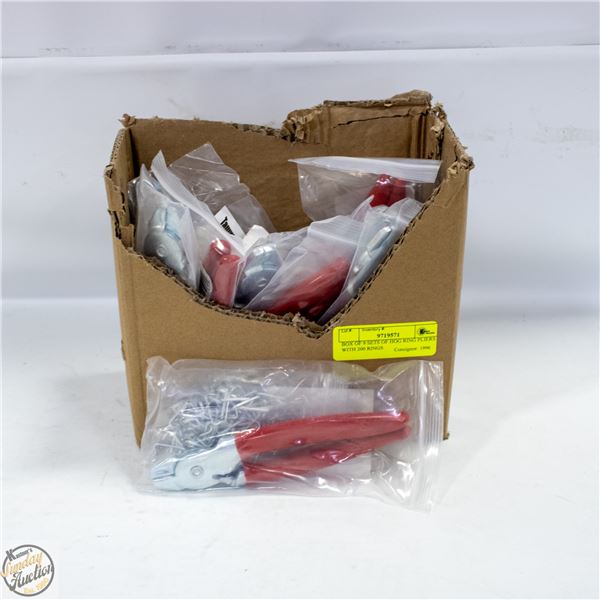 BOX OF 9 SETS OF HOG RING PLIERS WITH 200 RINGS