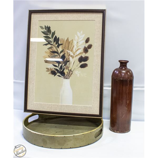 FRAMED PRINT, LARGE METAL TRAY, CHINTZ VASE