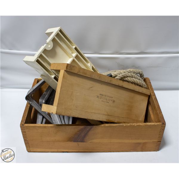 BOX OF SHELF BRACKETS, HINGES,
