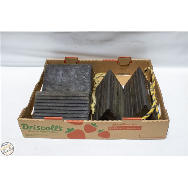 2 SETS OF RUBBER WHEEL CHOCKS, JOINED BY ROPE