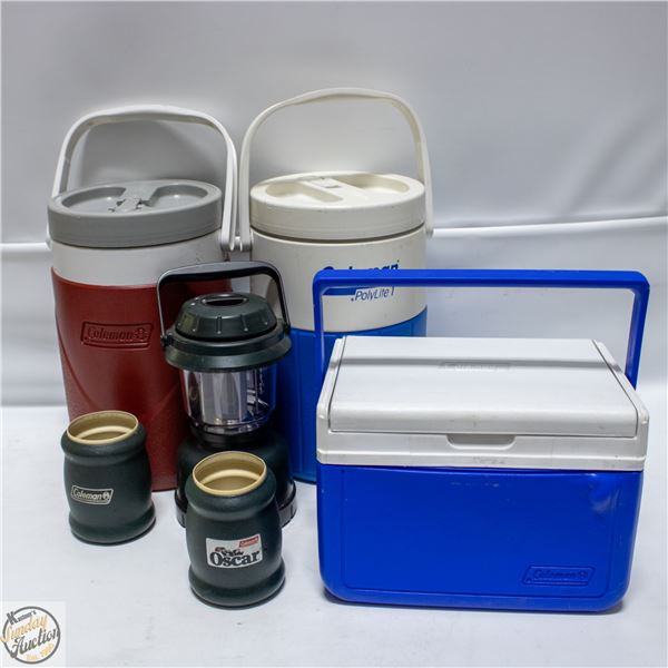 COLEMAN GEAR: COOLER, 2 JUGS, LAMP, 2 COOZIES