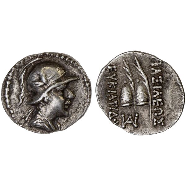BACTRIA: Eukratides I Megas, ca. 170-145 BC, AR obol (0.62g), Choice VF