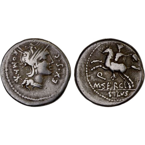 ROMAN REPUBLIC: M. Sergius Silus, AR denarius (3.73g), Rome, 116-115 BC, F-VF