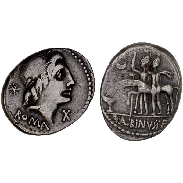 ROMAN REPUBLIC: A. Postumius Albinus, AR denarius (3.87g), Rome, 95-92 BC, F-VF