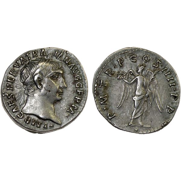 ROMAN EMPIRE: Trajan, 98-117 AD, AR denarius (3.49g), Rome, 101-102 AD, Choice VF