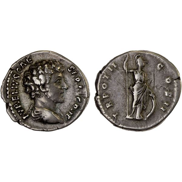 ROMAN EMPIRE: Marcus Aurelius, as caesar, 139-161 AD, AR denarius (3.37g), Rome, 147-148 AD, VF