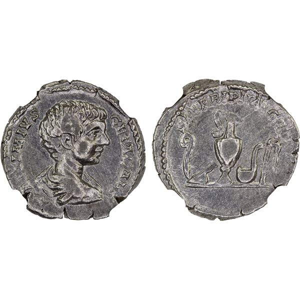 ROMAN EMPIRE: Geta, as caesar, 198-209 AD, AR denarius, Rome, 198-200 AD, NGC XF