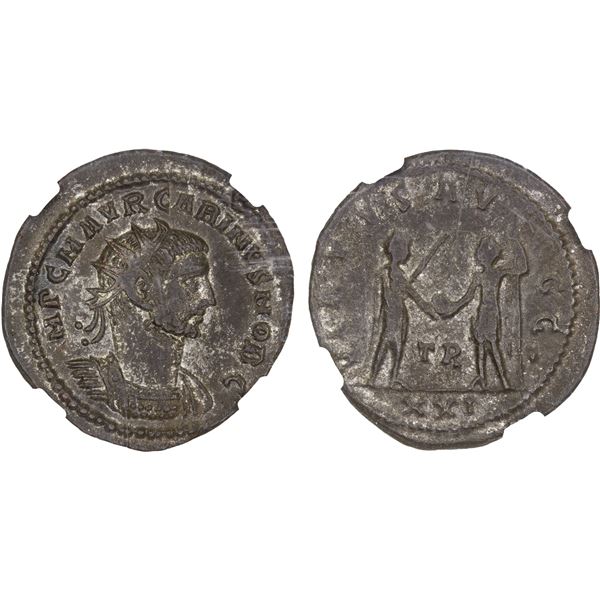 ROMAN EMPIRE: Carinus, as caesar, 282-283 AD, silvered BI aurelianus, Tripolis, NGC XF