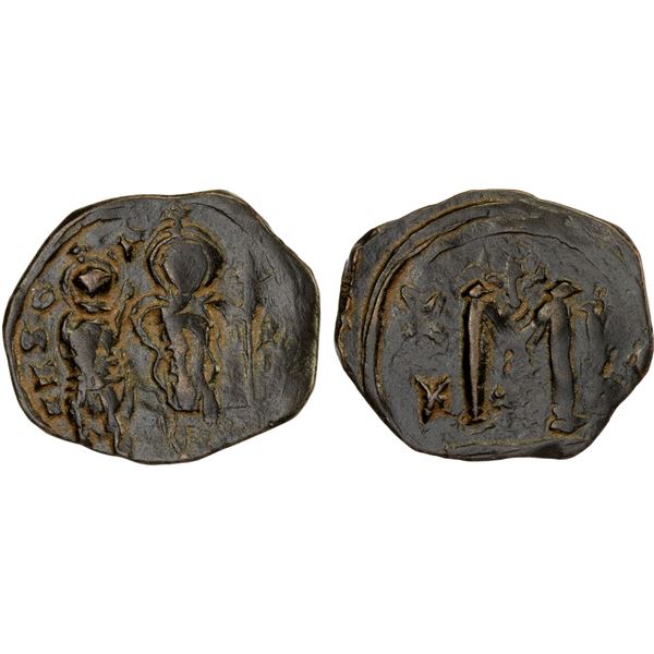 ARAB-BYZANTINE: Two Standing Figures, ca. 640s-660s, AE fals (4.53g), F-VF