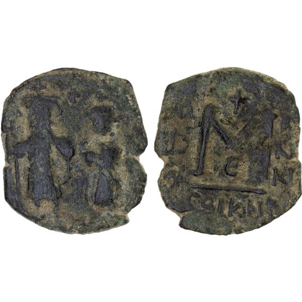 ARAB-BYZANTINE: Two Standing Figures, ca. 650s-670s, AE fals (3.12g), F-VF