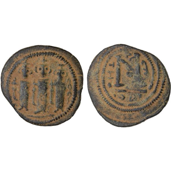 ARAB-BYZANTINE: Three Standing Figures, ca. 685-690, AE fals (3.51g), Tabariya, F-VF
