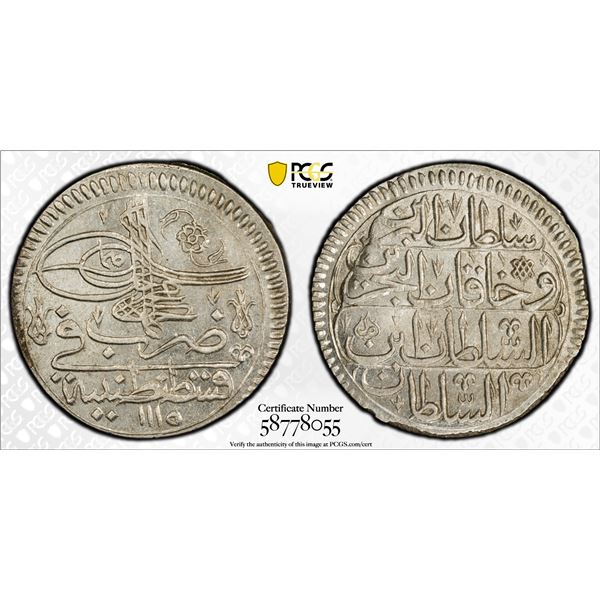 OTTOMAN TURKEY: Ahmed III, 1703-1730, AR yirmilik (20 para), Kostantiniye, AH1115, PCGS MS62