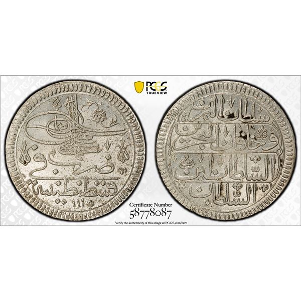 OTTOMAN TURKEY: Ahmed III, 1703-1730, AR kurush, Kostantiniye, AH1115, PCGS MS63