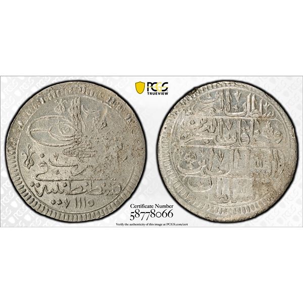 OTTOMAN TURKEY: Ahmed III, 1703-1730, AR kurush, Kostantiniye, AH1115, PCGS MS61