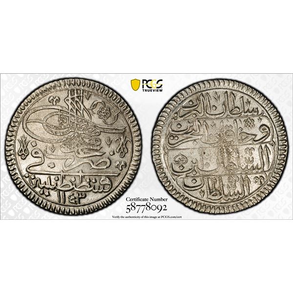 OTTOMAN TURKEY: Mahmud I, 1730-1754, AR yirmilik (20 para), Kostantiniye, AH1143, PCGS MS64