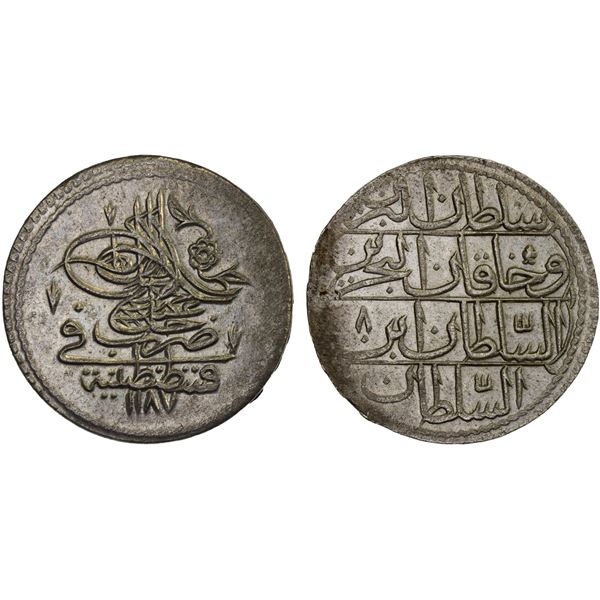 OTTOMAN TURKEY: Abdul Hamid I, 1774-1789, AR 10 para (onluk) (4.58g), Kostantiniye, AH1187 year 8, l