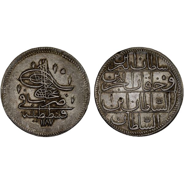 OTTOMAN TURKEY: Abdul Hamid I, 1774-1789, BI piastre (18.89g), AH1187 year 1, XF