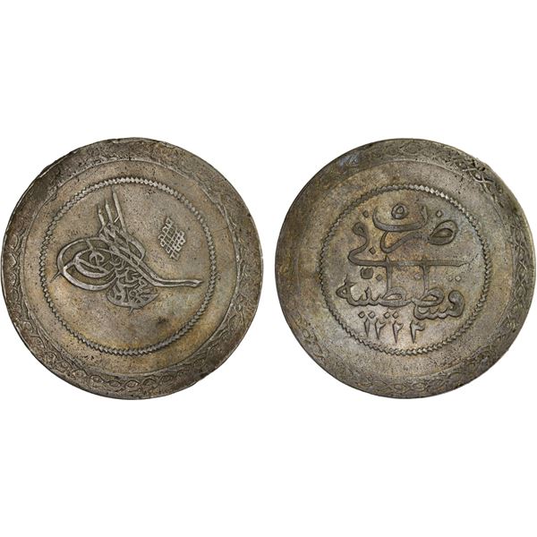 OTTOMAN TURKEY: Mahmud II, 1808-1839, AR 5 piastres (25.12g), Kostantiniye, AH1223 year 5, XF