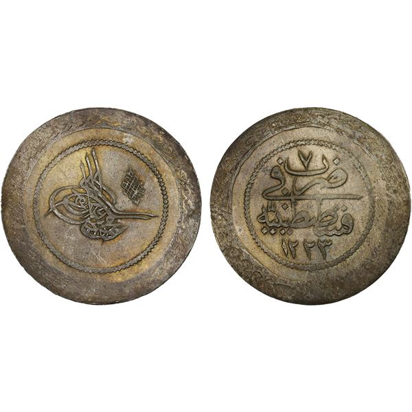 OTTOMAN TURKEY: Mahmud II, 1808-1839, AR 5 piastres (24.93g), Kostantiniye, AH1223 year 7, XF