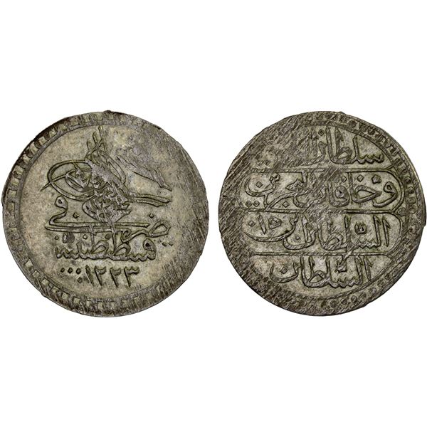 OTTOMAN TURKEY: Mahmud II, 1808-1839, AR 10 para (1.25g), AH1223 year 15, XF