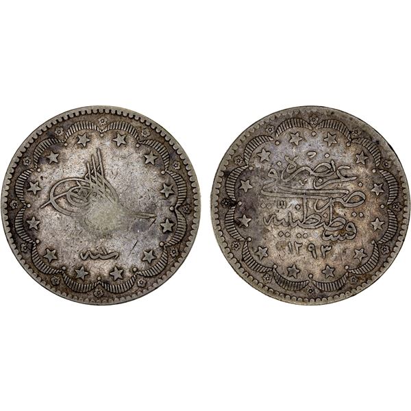 OTTOMAN TURKEY: Murad V, 1876, AR 20 kurush, AH1293 year 1, Fine