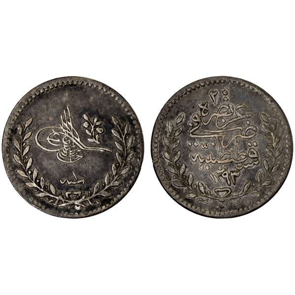 OTTOMAN TURKEY: Abdul Hamid II, 1876-1909, AR 20 para, AH1293 year 1, choice VF