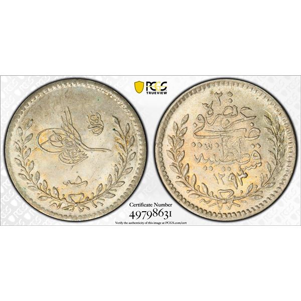 OTTOMAN TURKEY: Abdul Hamid II, 1876-1909, AR 20 para, Kostantiniye, AH1293 year 8 (1883), PCGS MS65