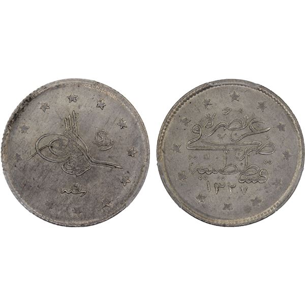 OTTOMAN TURKEY: Muhammad V, 1909-1918, AR 2 kurush, Kostantiniye, AH1327 year 6 (1914), PCGS MS65