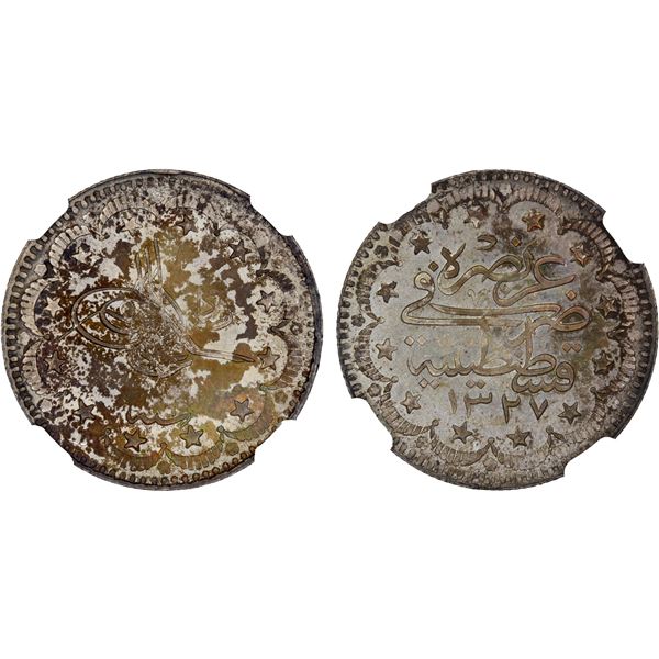 OTTOMAN TURKEY: Muhammad V, 1909-1918, AR 5 kurush, AH1327 year 6, NGC MS65