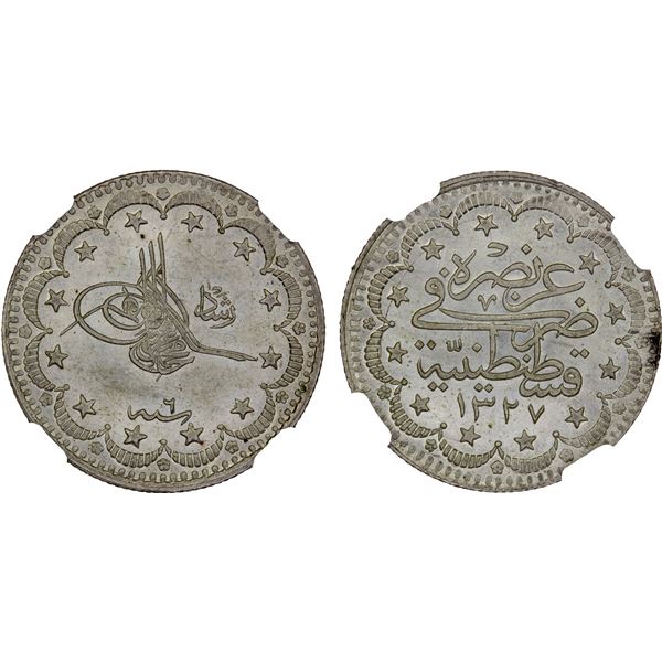OTTOMAN TURKEY: Muhammad V, 1909-1918, AR 5 kurush, AH1327 year 6, NGC MS64