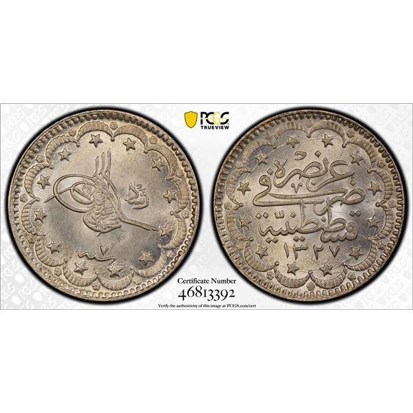 OTTOMAN TURKEY: Muhammad V, 1909-1918, AR 5 kurush, AH1327 year 7, PCGS MS65
