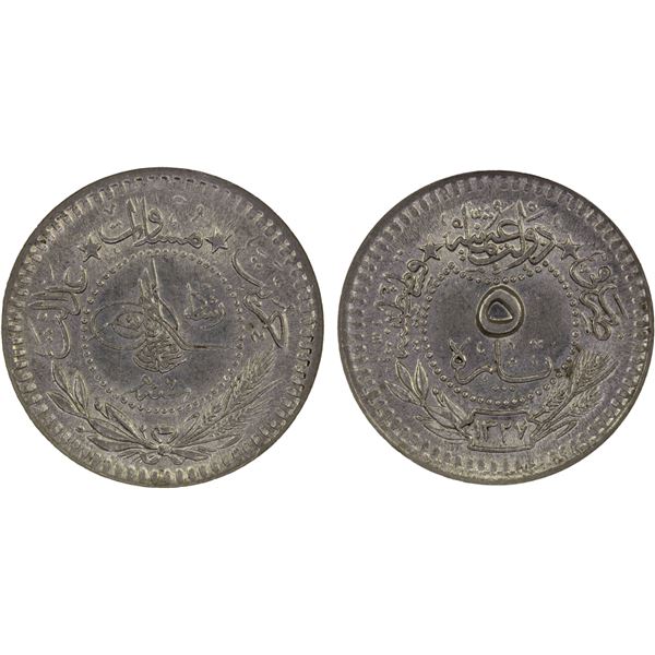 OTTOMAN TURKEY: Muhammad V, 1909-1918, 5 para, AH1327 year 7, NGC MS64